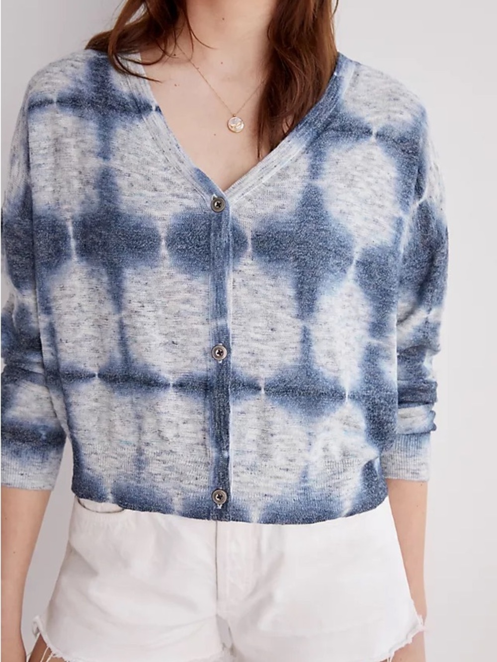 Anthropologie Blue and White Tie-Dye V-Neck Button Cardigan